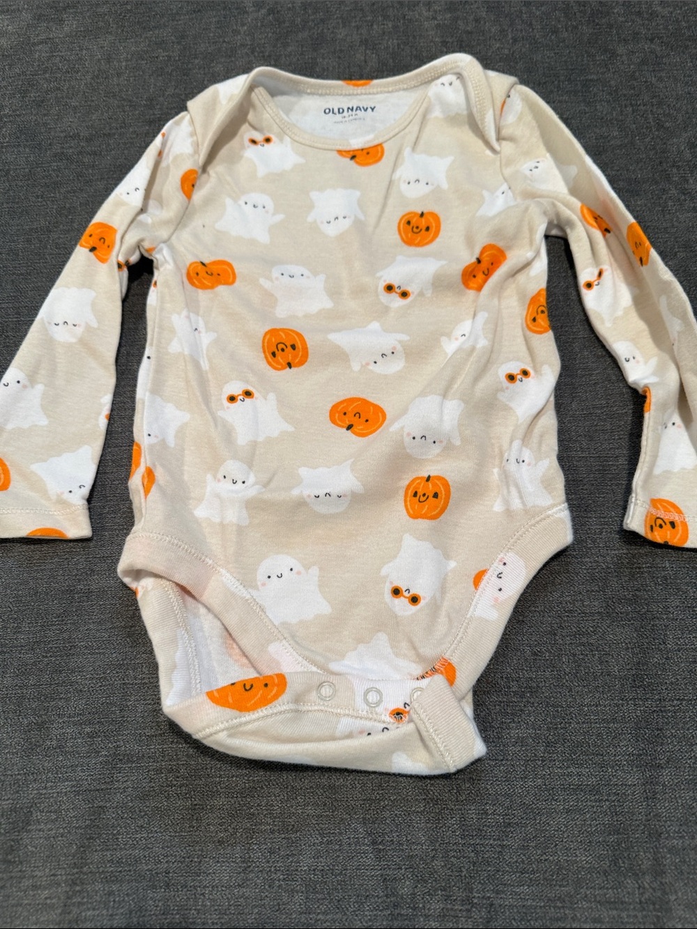 Old Navy Cream Long-Sleeve One-Piece with White Ghosts & Orange Pumpkins